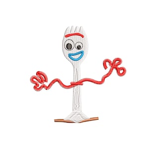 May include: Embroidered design of Forky from Toy Story, a white plastic fork with a red and blue face, red arms, and a brown base. The design is available in three sizes: 3, 4, and 5 inches.
