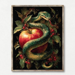 May include: A green snake coiled around a red apple with green leaves and red berries. The snake's tongue is protruding.