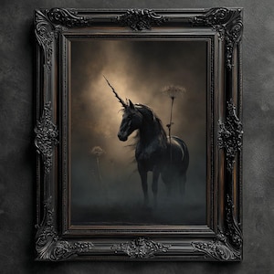 May include: A black unicorn stands in a misty field with tall, dried dandelion stalks. The unicorn is silhouetted against a soft, golden light. The image is framed in a dark, ornate frame.
