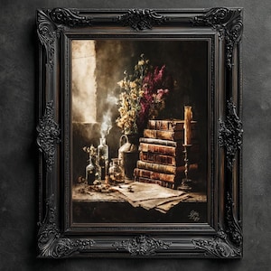Moody Wildflowers and Books Print, Vintage Floral Poster, Dark Academia Print, Dark Aesthetics, Floral Wall Art, Antique Oil Painting