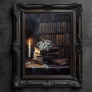 Impressão de biblioteca vintage, livros vintage e pôster floral, impressão de academia escura, estética sombria, arte floral de parede, pintura a óleo antiga, flor