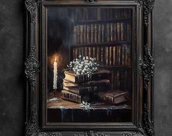 Vintage Library Print, Dark Academia Floral Wall Art