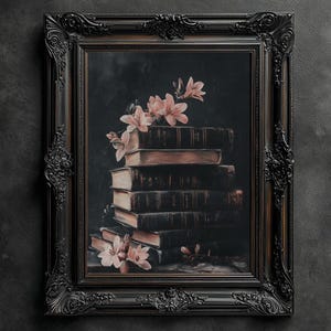 Impressão de livros e flores rosa melancólicas, pôster floral vintage, impressão de academia sombria, estética sombria, arte de parede floral, pintura a óleo antiga