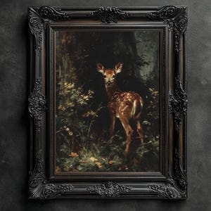 Vintage Deer in Dark Forest Print, Gothic Cottagecore Wall Art