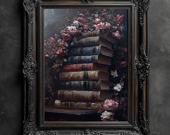 Vintage Floral Books Print, Dark Academia Antique Oil Painting