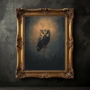 Moody Owl Print, Vintage Bird Poster, Dark Academia Print, Dark Aesthetics, Wildflowers Wall Art, Antique Oil Painting, Botanical Art