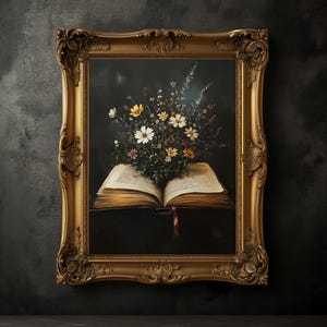Moody Wildflowers and Book Print, Vintage Floral Poster, Dark Academia Print, Dark Aesthetics, Floral Wall Art, Antique Oil Painting
