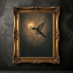 Impresión de Golondrina Malhumorada, Póster de Pájaro Vintage, Impresión de Academia Oscura, Estética Oscura, Arte Mural de Flores Silvestres, Pintura al Óleo Antigua, Arte Botánico