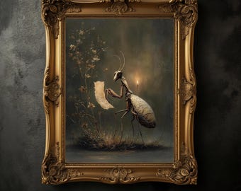Vintage Praying Mantis Print, Dark Academia Insect Poster