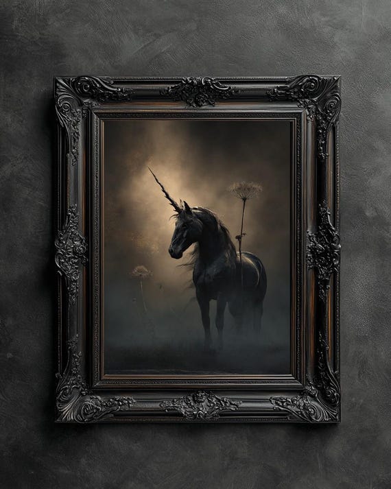 Moody Black Unicorn Print, Vintage Unicorn Poster, Dark Unicorn Wall Art, Dark Academia, Dark Aesthetics,  Cottage Core Home Decor