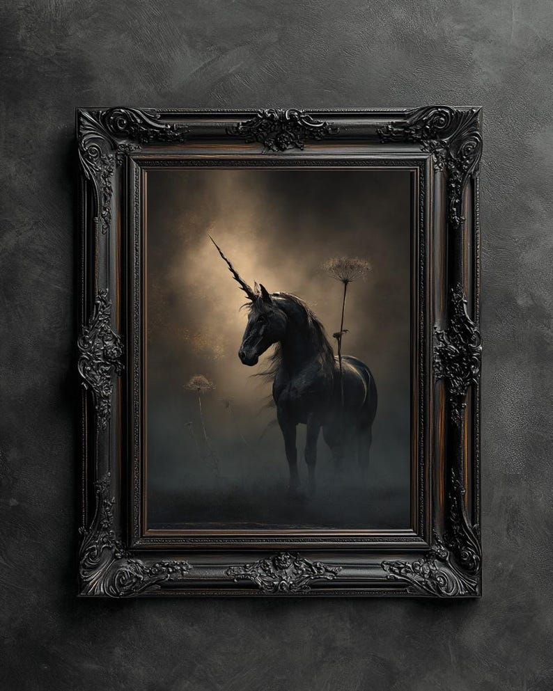 May include: A black unicorn stands in a misty field with tall, dried dandelion stalks. The unicorn is silhouetted against a soft, golden light. The image is framed in a dark, ornate frame.