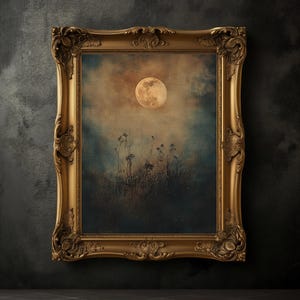 Moody Wildflowers and Full Moon Print, Vintage Floral Poster, Dark Academia Print, Dark Aesthetics, Floral Wall Art, Antique Oil Painting