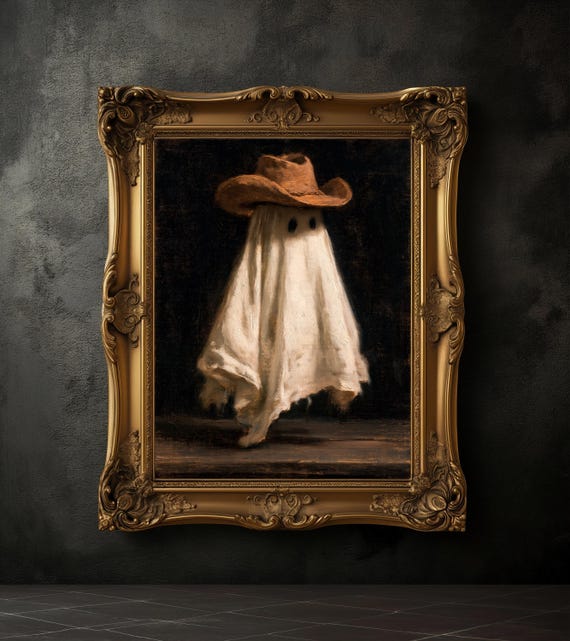 Cowboy Ghost Wall Art Print, Funny Halloween Decor, Western Spooky Artwork, Vintage Ghost Painting