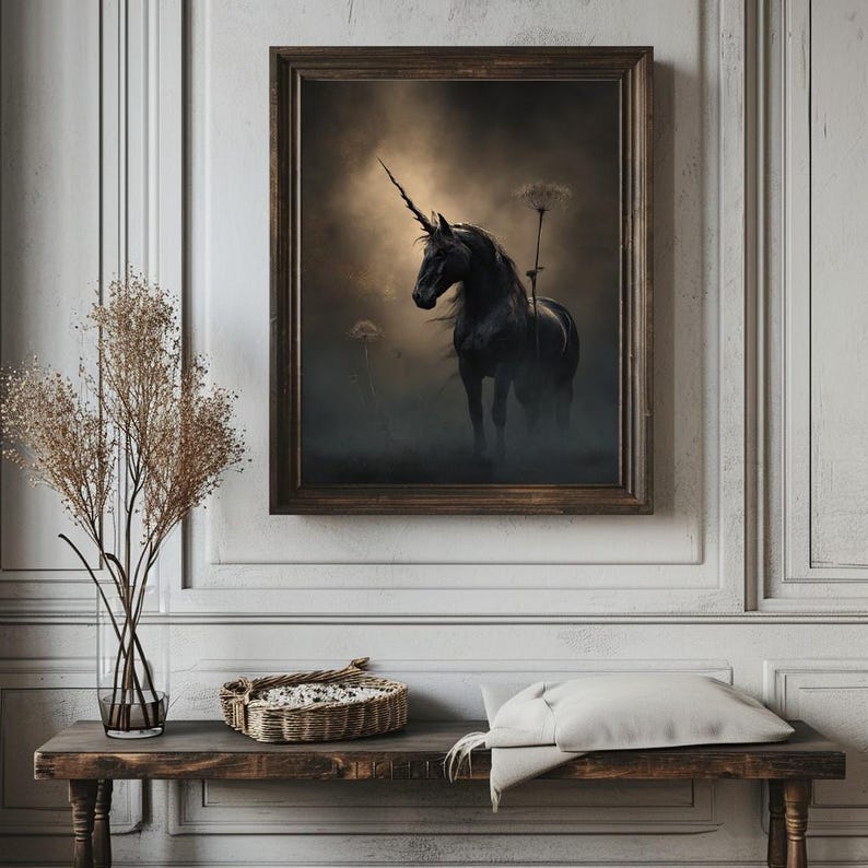 May include: A black unicorn stands in a misty field with a single dandelion in the background. The unicorn is facing the left side of the image and has a long, flowing mane and tail.