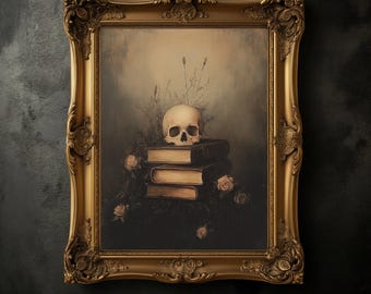 Moody Wildflowers Books and Skull Print, Vintage Floral Poster, Dark Academia Print, Dark Aesthetics, Floral Wall Art, Antique Oil Painting