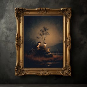 Könnte beinhalten: Ein gerahmtes Gemälde, das eine mystische Waldszene mit leuchtenden Pilzen und einem einsamen Baum im Hintergrund zeigt. Das Gemälde ist vor einer dunklen, strukturierten Wand platziert.
