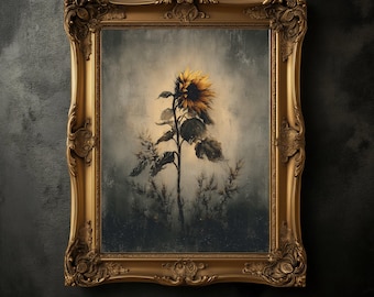 Impression d'art vintage tournesol, affiche florale Moody Dark Academia