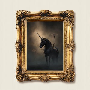 May include: A black unicorn with a long horn stands in a dark, misty forest. The unicorn is silhouetted against a light background, and its horn is pointed towards the sky. The image is framed in a gold ornate frame.