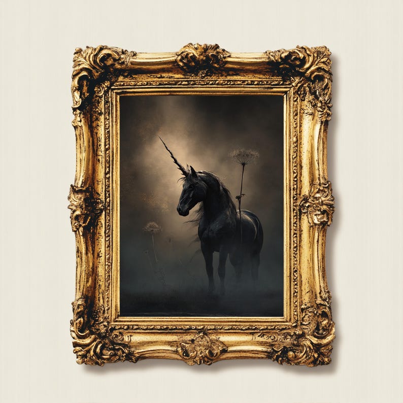 May include: A black unicorn with a long horn stands in a dark, misty forest. The unicorn is silhouetted against a light background, and its horn is pointed towards the sky. The image is framed in a gold ornate frame.