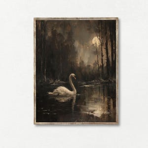May include: A framed painting of a white swan swimming in a dark, moonlit lake. The swan is in the foreground, with trees and a full moon in the background.