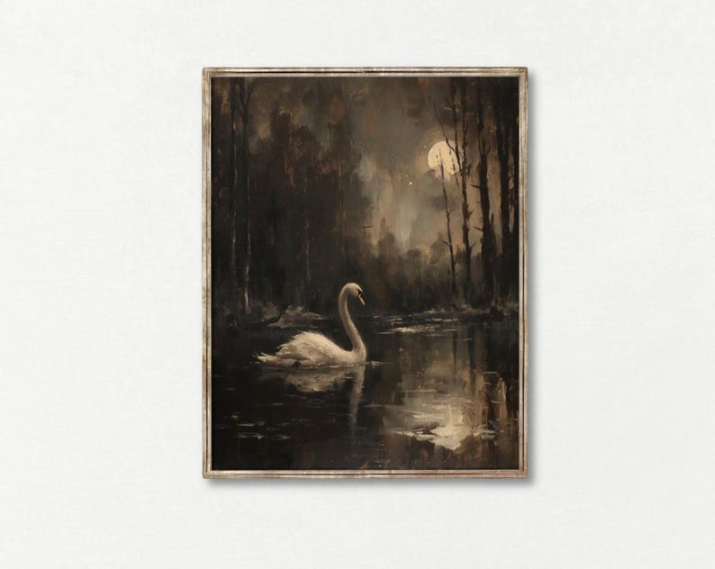 May include: A framed painting of a white swan swimming in a dark, moonlit lake. The swan is in the foreground, with trees and a full moon in the background.
