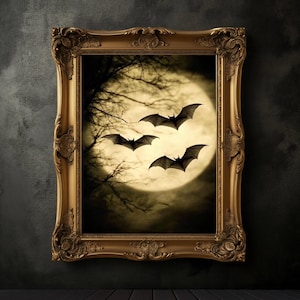Moody Bats Print, Vintage Bat Poster, Dark Academia Print, Dark Aesthetics, Wildflowers Wall Art, Antique Oil Painting, Botanical Art