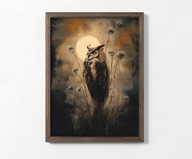 May include: A framed print of a brown and gray owl perched on a branch with a full moon in the background. The owl is looking to the left and the background is a dark brown and gray color.