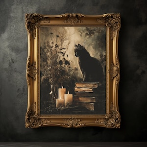 Black Crowned Cat Vintage Print, Dark Academia Flower Wall Art