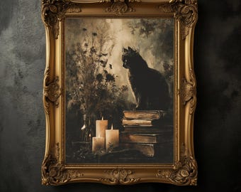 Black Crowned Cat Vintage Print, Dark Academia Flower Wall Art