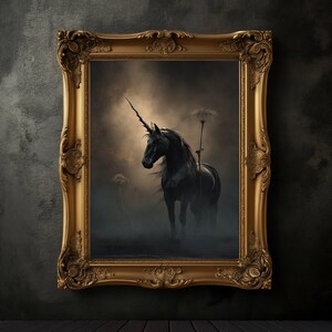 May include: A black unicorn with a long, spiralled horn stands in a misty forest setting. The unicorn is framed in a gold ornate picture frame.
