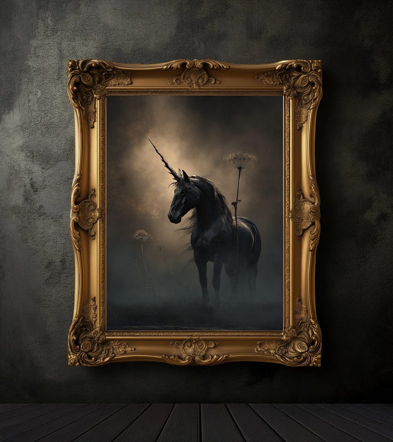 May include: A black unicorn with a long, spiralled horn stands in a misty forest setting. The unicorn is framed in a gold ornate picture frame.