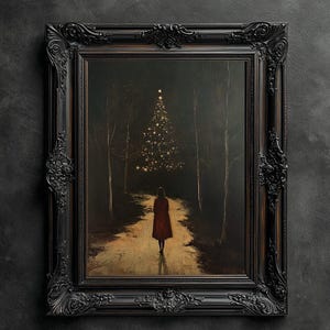 Girl Approaching Christmas Tree Print, Vintage Christmas Poster, Dark Academia Print, Pine Trees, Christmas Tree Print, Christmas Home Decor
