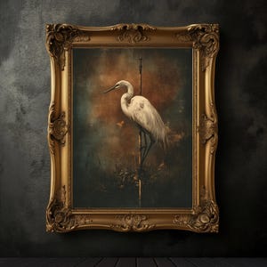 Moody White Crane Painting, Japanese Crane Print, Muted Gold Tones, Antique Japan Bird Painting, Modern Japanese Wall Art, Wildflowers