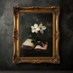 Impressão de livro e flor branca temperamental, pôster floral vintage, impressão de academia escura, estética escura, arte de parede floral, pintura a óleo antiga