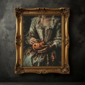 K&ouml;nnte beinhalten: Gerahmtes Gem&auml;lde im Vintage-Stil, das eine Person mit einem geschnitzten orangefarbenen K&uuml;rbis zeigt. Die Person tr&auml;gt ein cremefarbenes Kleid mit Spitzendetails. Der verzierte goldene Rahmen unterstreicht das Halloween-Thema des Kunstwerks.