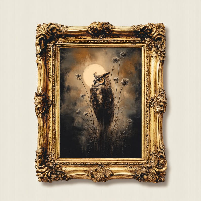 May include: A framed painting of an owl perched on a branch in a moonlit forest. The owl is brown and gray with yellow eyes. The painting is set in a gold frame.