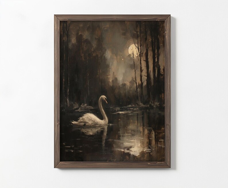 May include: A framed painting of a white swan swimming in a dark, moonlit lake. The swan is in the foreground, with trees and a full moon in the background.
