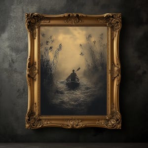 May include: A framed artwork depicts a person in a boat on a dark, misty waterway. The gold-colored ornate frame surrounds the sepia-toned image of a person rowing through tall reeds. The sky is a soft yellow.