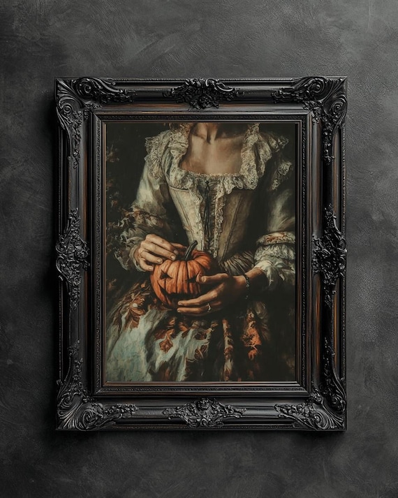 Vintage Halloween Woman with Pumpkin Print, Dark Academia Wall Art