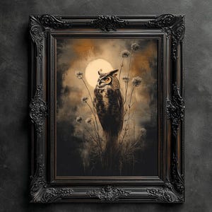 May include: A framed painting of an owl perched on a branch with a full moon in the background. The owl is brown and white with yellow eyes. The painting is set against a dark, textured background.
