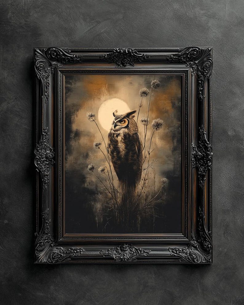 May include: A framed painting of an owl perched on a branch with a full moon in the background. The owl is brown and white with yellow eyes. The painting is set against a dark, textured background.