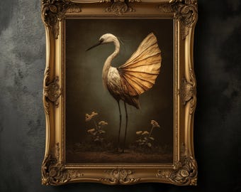 Heron with Paper Wings Print, Dark Academia, Vintage Bird Poster
