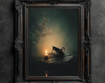 Moody Grasshopper Rain Print, Dark Botanical Wall Art