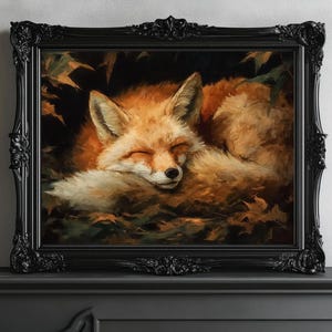 Fox Sleeping in the Leaves Print, Vintage Fox Poster, Dark Academia Print, Dark Aesthetics, Fox Wall Art, Farmhouse Decor, Cottage Core Art