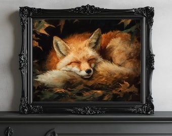 Vintage Sleeping Fox Print, Dark Academia Wall Art