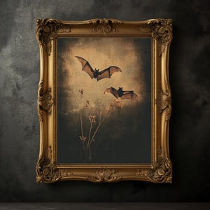 Moody Bats Print, Vintage Bat Poster, Dark Academia Print, Dark Aesthetics, Wildflowers Wall Art, Antique Oil Painting, Botanical Art