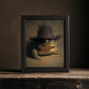 May include: A framed art print depicting a green frog wearing a black top hat. The frog is the central focus, set against a neutral backdrop. The artwork is presented in a black wooden frame, enhancing its visual appeal and adding a touch of elegance.
