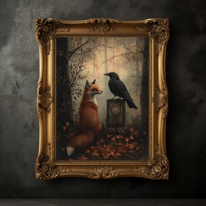 Fox And Raven Print, Vintage Fox Poster, Dark Academia, Dark Aesthetics, Cottage-core Art, Gothic Animal Wall Art, Animal Print, Forest Art