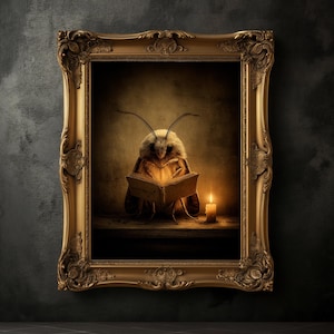 May include: A framed artwork depicts a moth reading a book illuminated by a candle. The moth is centered, with a book open in its lap. The frame is ornate gold, set against a dark background.