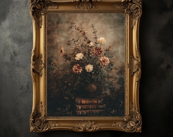 Nastrojowe kwiaty polne i książki, grafika ścienna Dark Academia Floral